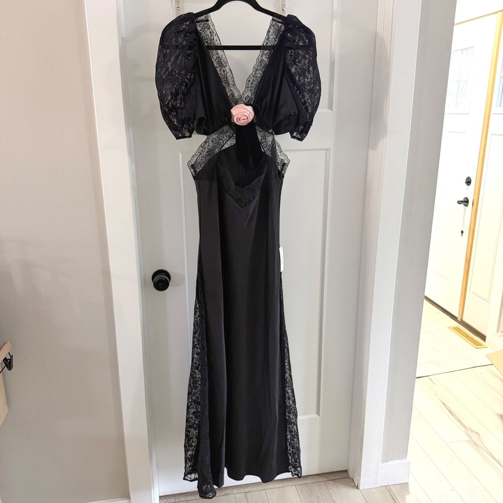 NWT S For Love & Lemons Corinne Black Lace Pink Bow Puff Sleeve Maxi Dress Goth